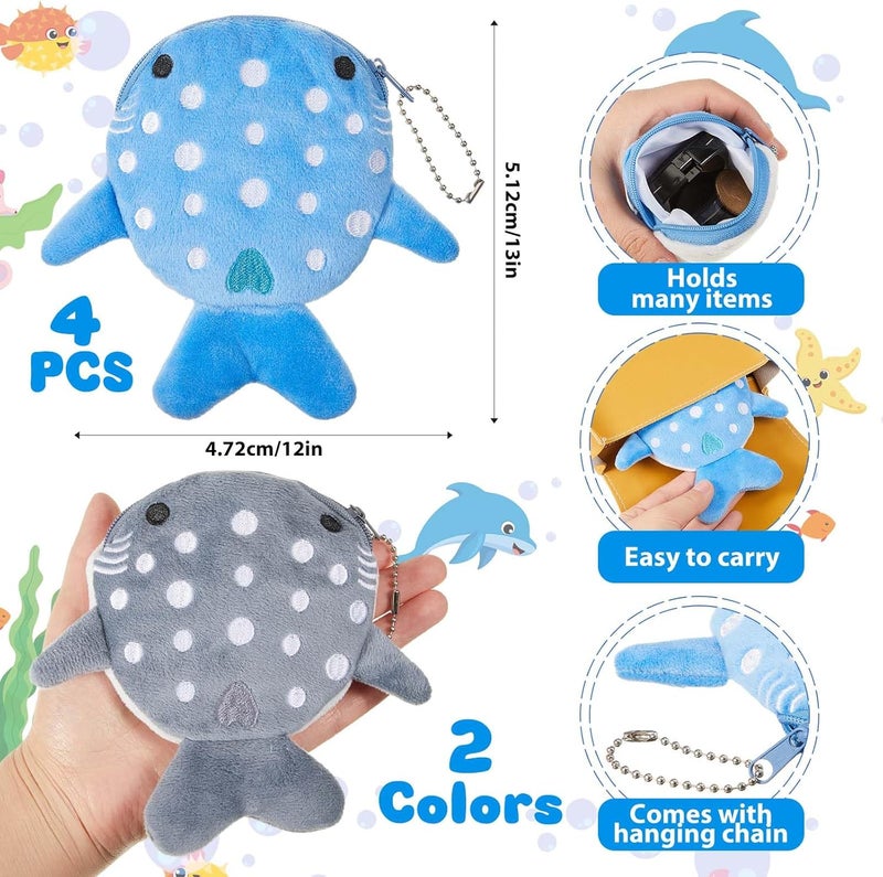 SilTriangle 4 Pcs Whale Shark Coin Purse, Plush Coin Pouch with Zipper, Kawaii Shark Wallet, Fish Sea Animal Change Purse for Kids Girls Women Cosmetic Items Earphone Gifts, Blue, Gray - Image 2